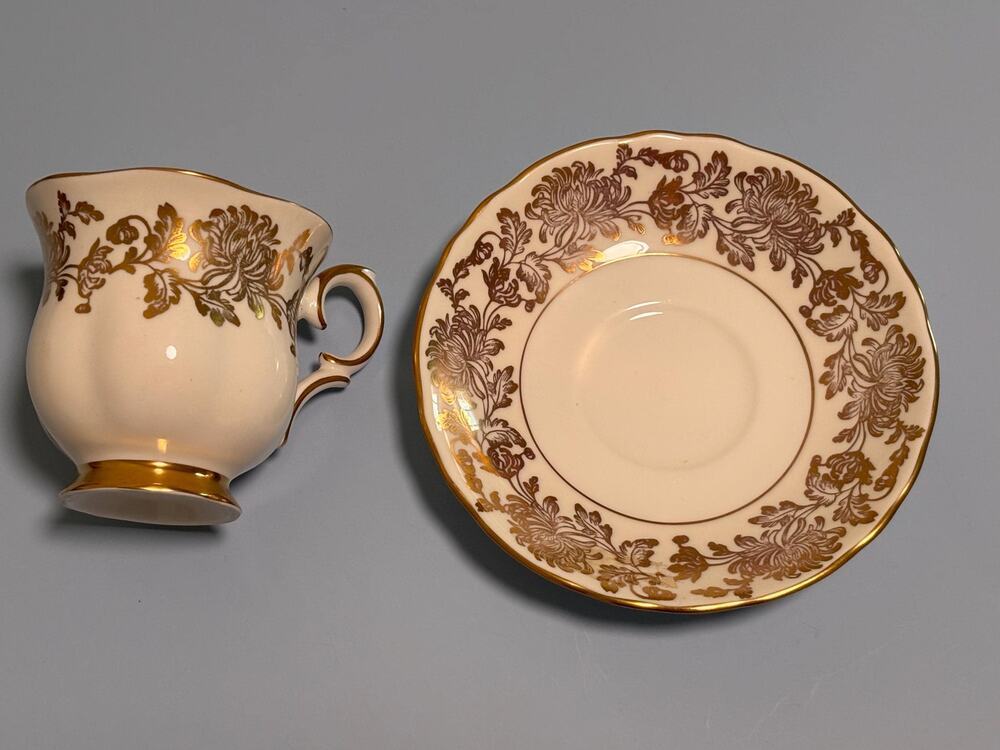 Crown Staffordshire Pink Gold Gilded Floral Rose Tea Cup Saucer